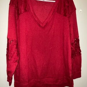 Red V-Neck Sweater with Lace Details